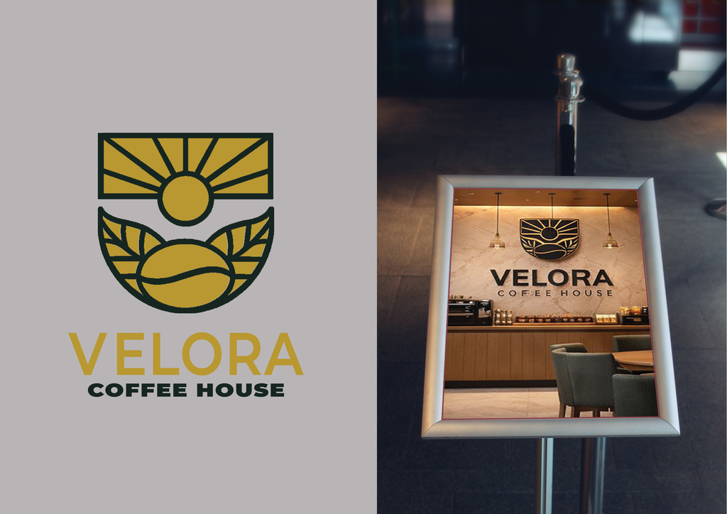 Velora Coffee House identity and packaging mockup