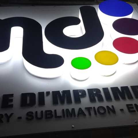Backlit printed business sign close-up